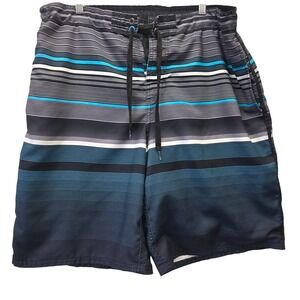 Ocean Pacific Mens Swim Trunks Large 36-38 Striped Board Shorts Black Blue OP